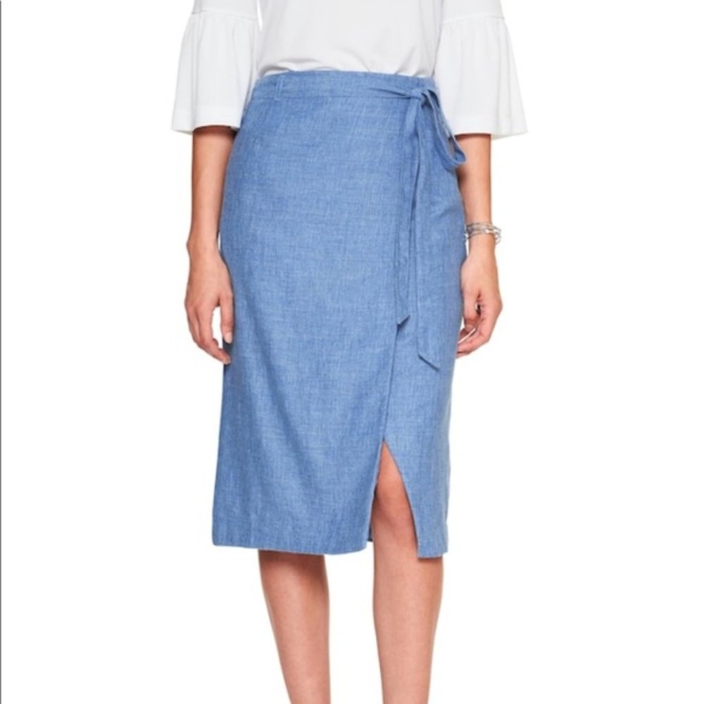 Banana Republic Blue Midi Linen Blend Wrap A-Line Skirt Size 2